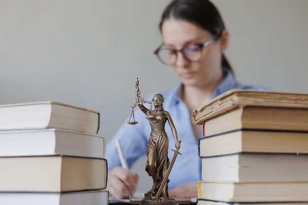 Lady of Justice and books on table with blurred woman in background