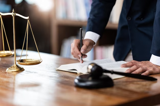 Man in suit with notebook, gavel, and scale of justice on table